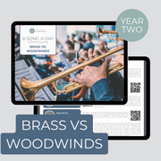 cover page and sample page of year two Brass Vs Woodwinds monthly listening calendar